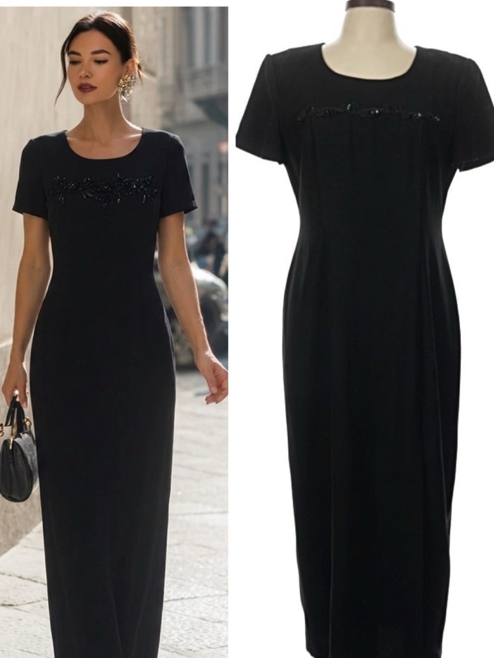 Vintage J Roberts Black Beaded Dress Formal Evening Cocktail 90s Maxi Size 14 - Picture 16 of 16